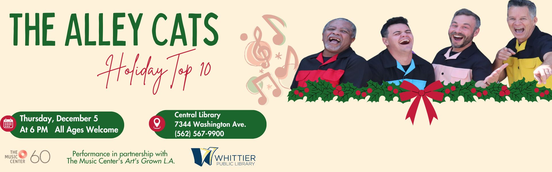 Holiday Top Ten by The Alley Cats -December 5 at 6:00 p.m. Central Library -all ages